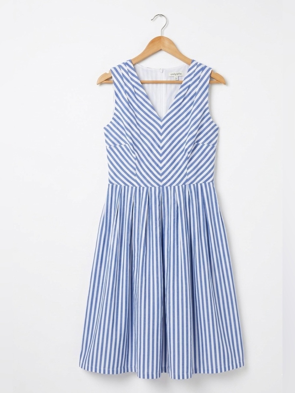 Emily & Fin XL Blue White Stripe Fit Flare Midi Dress Coastal Retro Cotton UK16⁠